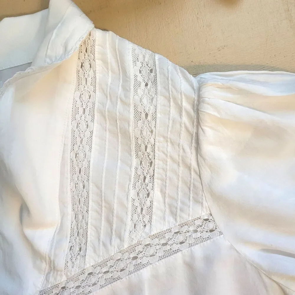 Reformation Blouse Size Small White Lace Inserts Organic Cotton Puff Sleeve USA - Picture 6 of 9